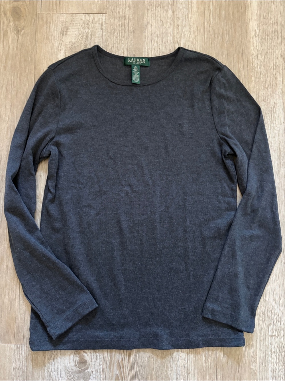 Lauren Ralph Lauren Long Sleeve Ribbed Cotton Tee Charcoal Gray & Deep Brown - Picture 2 of 12